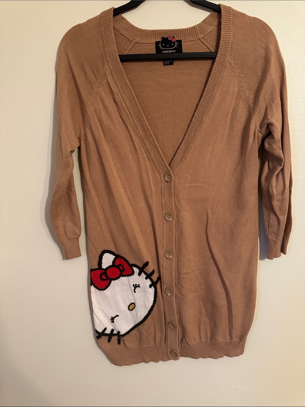 Hello Kitty Camel/Tan Button-Front Women's Cardigan with Embroidered Patch